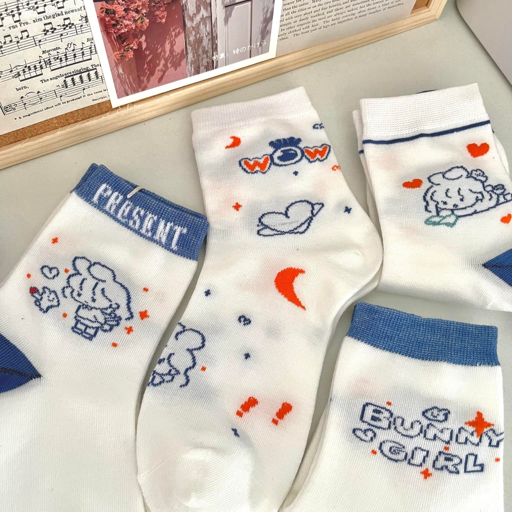 Tất vớ nữ cổ cao - tất vớ cotton mỏng thoáng hoạ tiết cô gái xanh dương phong cách Hàn Quốc dễ thương