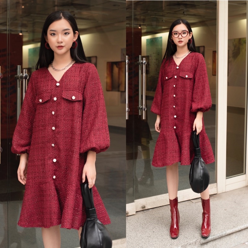 Đầm dạ tweed đuôi cá đính ngọc, dáng suông rộng bầu bí mặc thoái mái xinh | BigBuy360 - bigbuy360.vn