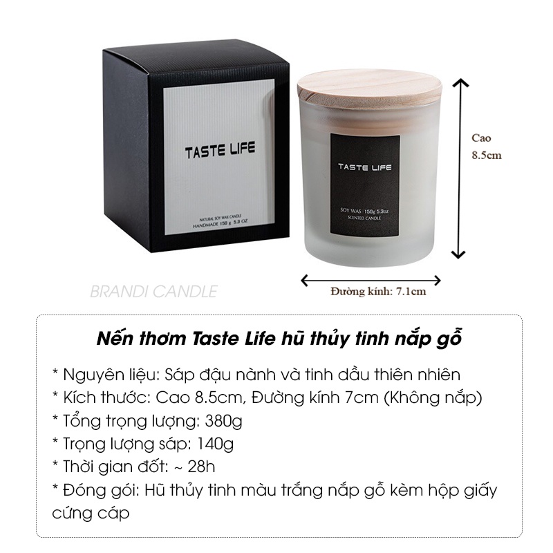 Nến taste life hũ thủy tinh nắp gỗ sáp đậu nành không khói không độc hại