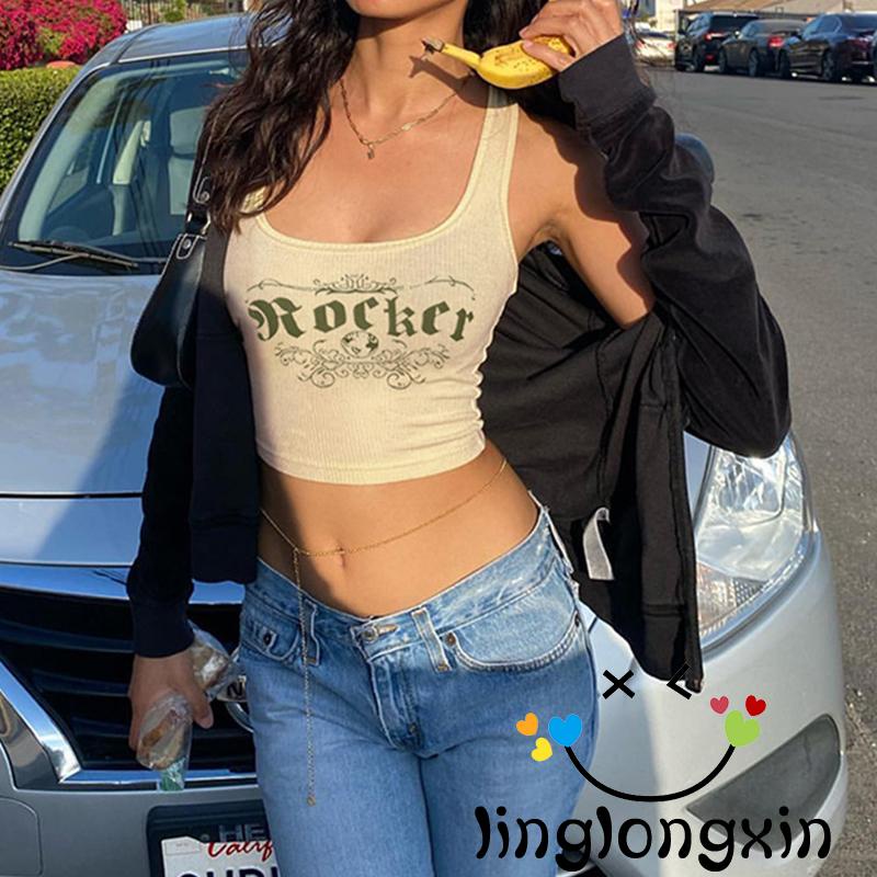 Áo Crop Top Không Tay Cổ Vuông In Họa Tiết Thời Trang Mùa Hè Dành Cho Nữ Linglongxi2-Y2K
