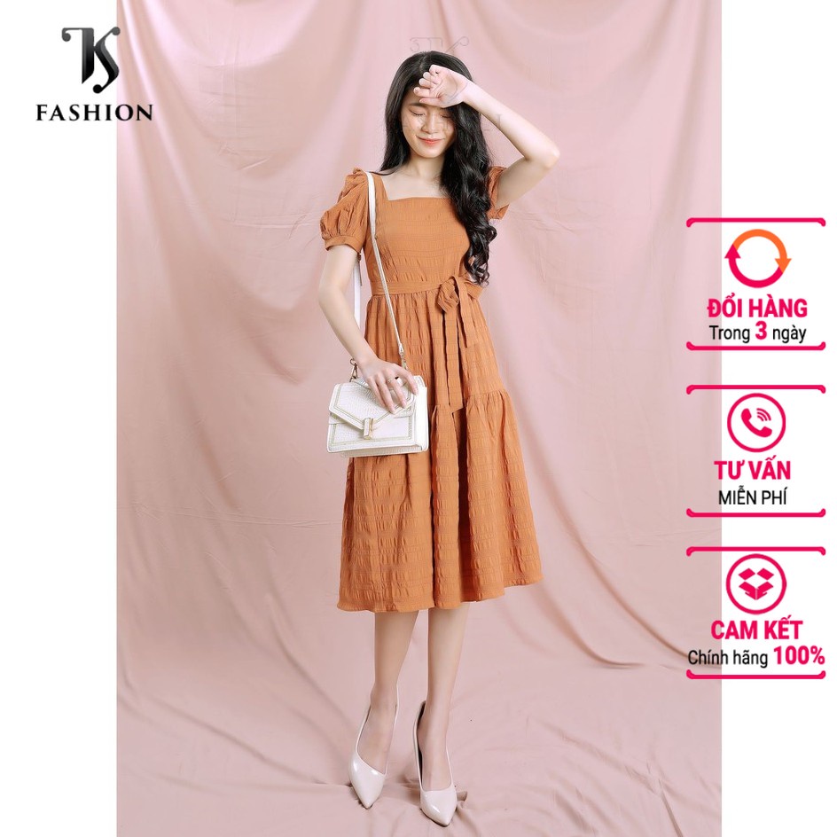 Đầm nữ cổ vuông, tay bồng, thắt nơ eo, thiết kế cao cấp TK FASHION DK911