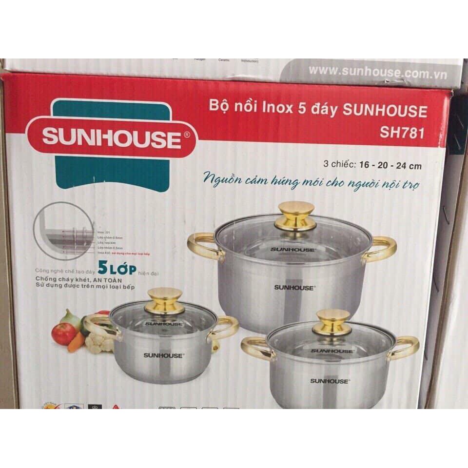 BỘ 3 NỒI INOX 5 ĐÁY SUNHOUSE SH781