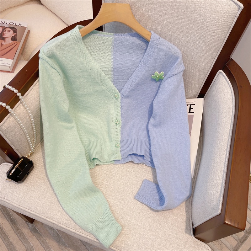 Áo Khoác cardigan Dệt Kim Màu Sắc Tương Phản Phong Cách Hàn Quốc Thời Trang Mùa Thu Cho Nữ