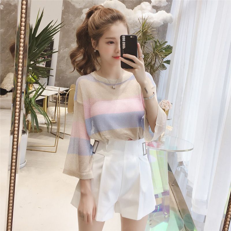 Áo Thun Nữ Dài Tay Cổ Tròn Sọc Ngang Thời Trang Hàn