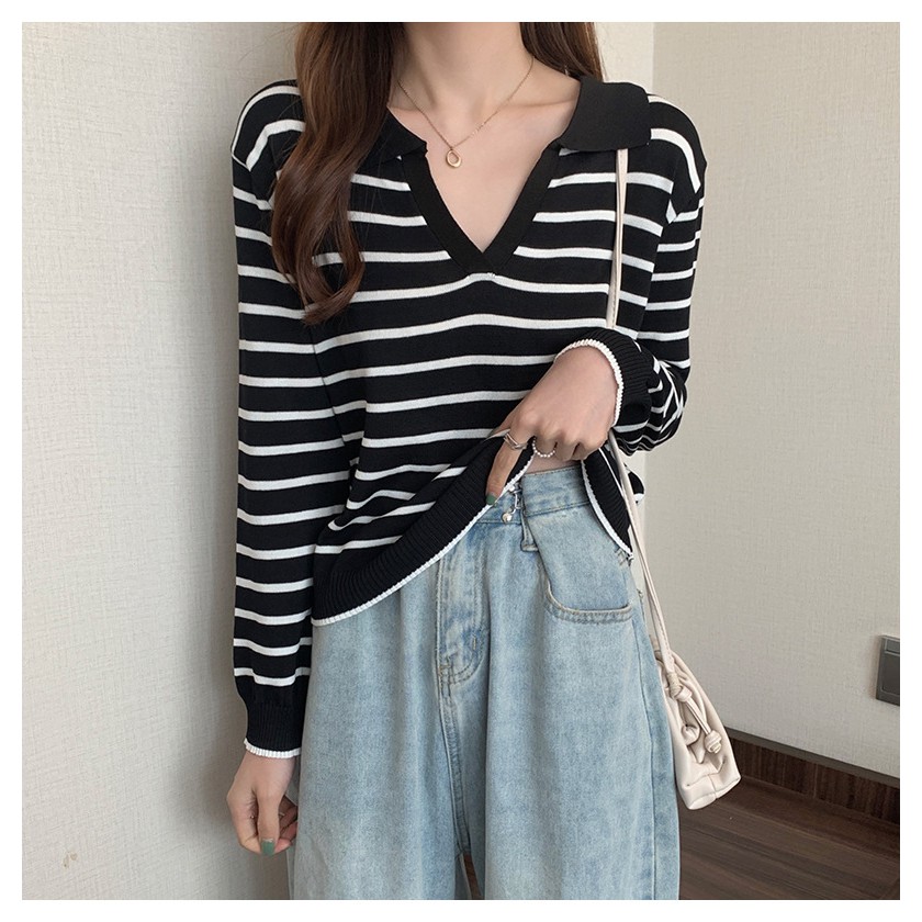 Áo len nữ cổ chữ V dài tay kẻ ngang phong cách Hàn Quốc đẹp | BigBuy360 - bigbuy360.vn