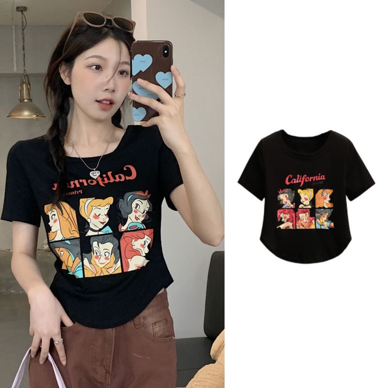 IELGY Áo Thun Tay Ngắn Hở Vai In Họa Tiết Hoạt Hình Màu Trơn Thời Trang Cho Nữ