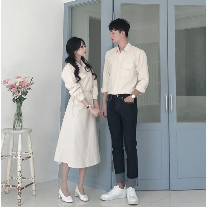 Áo đôi couple nam nữ 🎀FREESHIP🎀 Set váy nữ Áo sơ mi nam đẹp màu trắng và nâu Hàn Quốc thiết kế cao cấp AV192