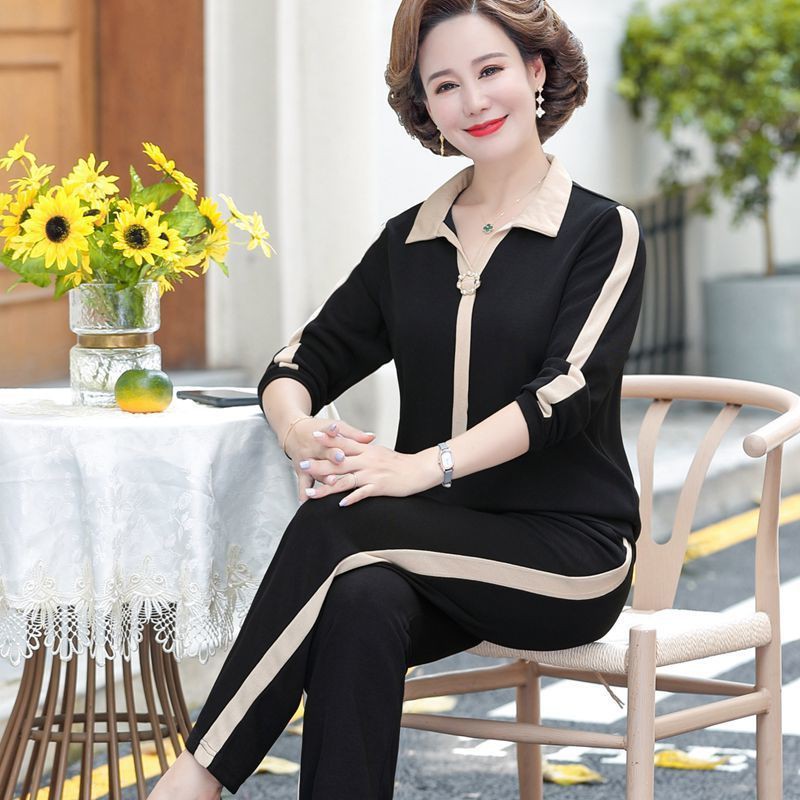 Áo thun dài tay hai dây cách tân mùa thu của mẹ và quần dài 40-50 tuổi bộ đồ phụ nữ trung niên phong cách thời trang phư