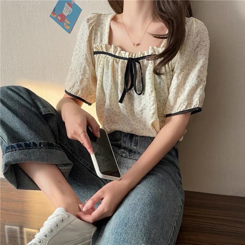 SẴN | Áo hoa nhí cổ vuông nhún ngực