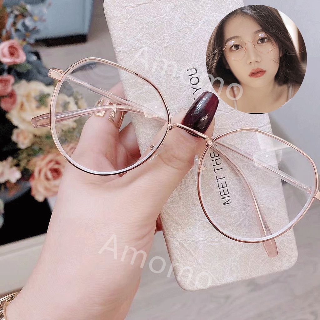 mắt kính cận -1.0~-6.0，kính gọng sắt kim loại hình bầu dục thời trang Hàn Quốc cho nữ có độ -1.0~-6.0，mắt kính nữ chống ánh sáng xanh