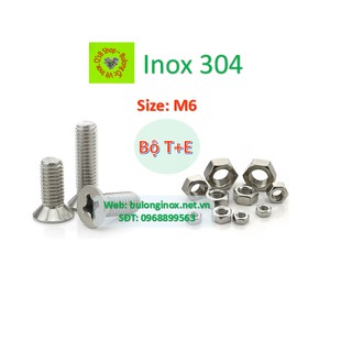 Vít pake đầu bằng inox size M6 (Bộ T+ecu) , ốc 4 cạnh đầu  non inox, ốc vặn tua vít đầu bằng thân bulong, inox 304
