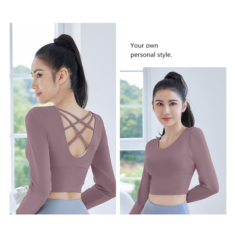 Áo Thun Thể Thao Tay Dài Có Mút Đệm Ngực Dây Chéo Lưng Thoáng Khí Tập Yoga