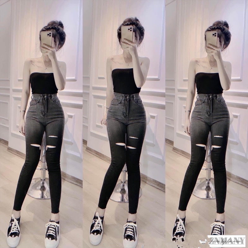 Quần jeans ôm loang đen rách gối co giãn kèm ảnh thật