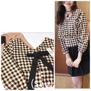 áo croptop cổ cột nơ carô