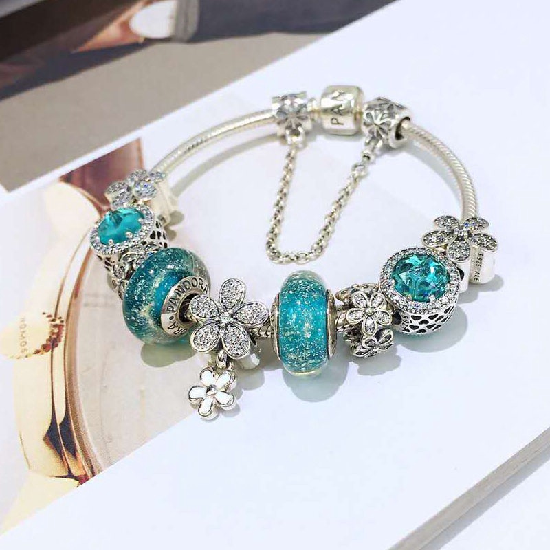 Vòng Tay Pandora Mạ Bạc S925 Đính Hạt Hình Xương Rắn Và Hoa Phong Cách Mới Cho Nữ