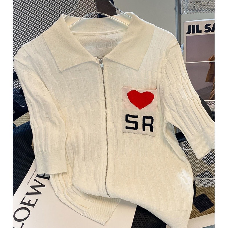 Áo Thun Dệt Kim Cổ Polo Tay Ngắn Có Khóa Kéo Thời Trang Mùa Hè Phong Cách Hàn Quốc Cho Nữ