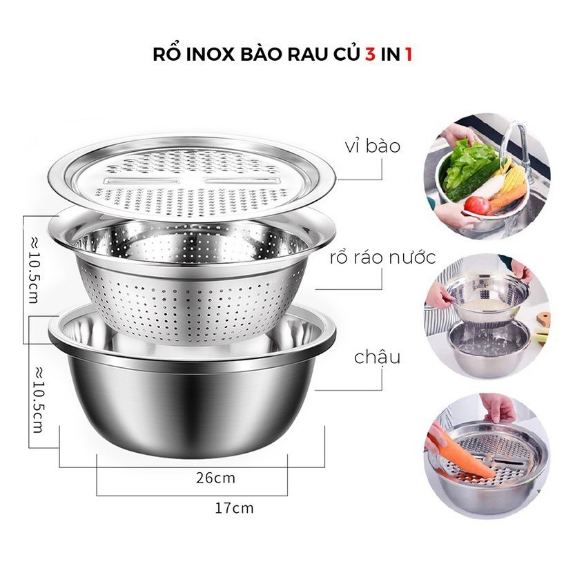 Bộ Nạo Rau Củ Quả INox 304 đa năng 3in1 Cao Cấp, Rổ bào Rau Củ nạo vỏ bào sợi đa năng kiêm Rổ và Chậu Inox tiện lợi