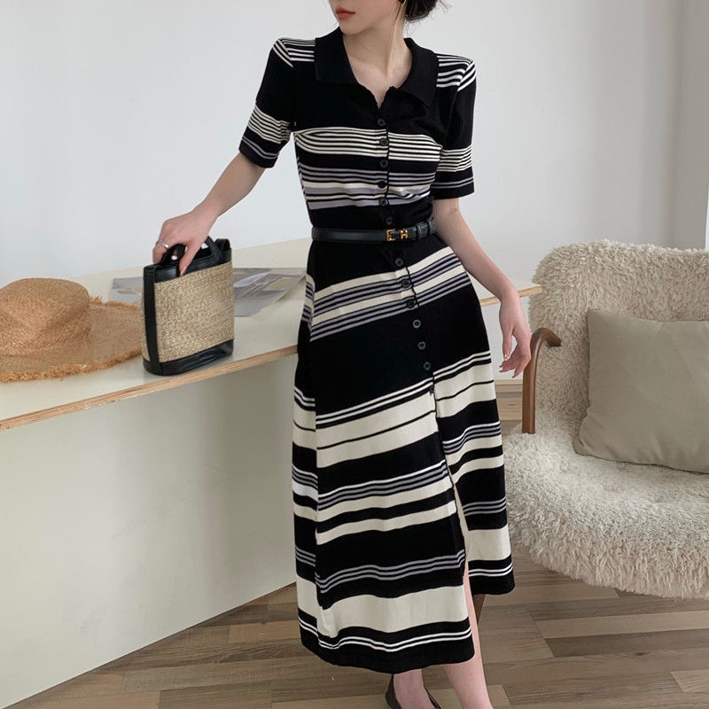 Đầm Thun polo Ngắn Tay Họa Tiết Sọc Ngang Thời Trang Dành Cho Nữ
