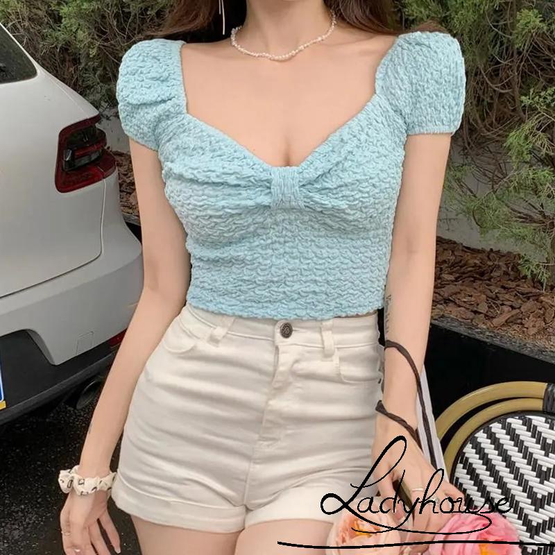 Áo Croptop Tay Ngắn Màu Trơn Họa Tiết Gợn Sóng Phối Nơ Dễ Thương Cho Nữ