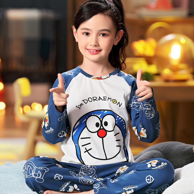 Bộ đồ ngủ cotton tay dài cổ tròn thoáng khí in họa tiết hoạt hình đơn giản thời trang cho trẻ em