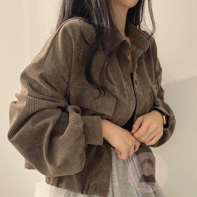 Áo Khoác Nhung Kẻ Tay Dài Màu Sắc Thời Trang Mùa Thu Cho Nữ