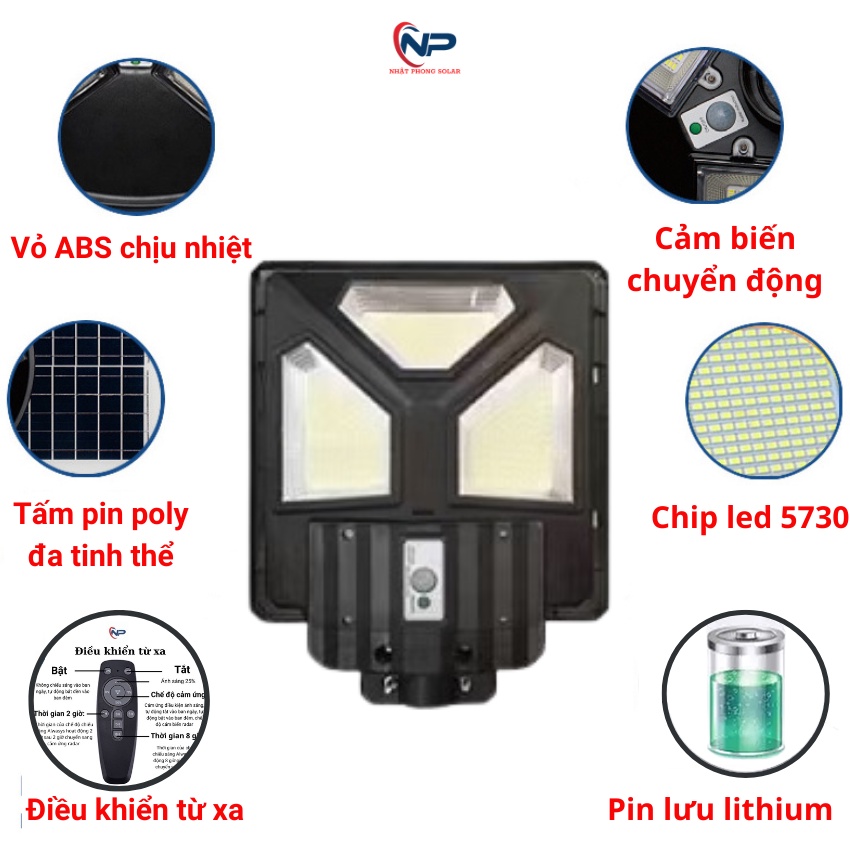 Đèn led năng lượng mặt trời, đèn liền thể kép 400W mẫu mới khoang tam giác, cảm biến chuyển động,có điều khiển,BH 2 năm