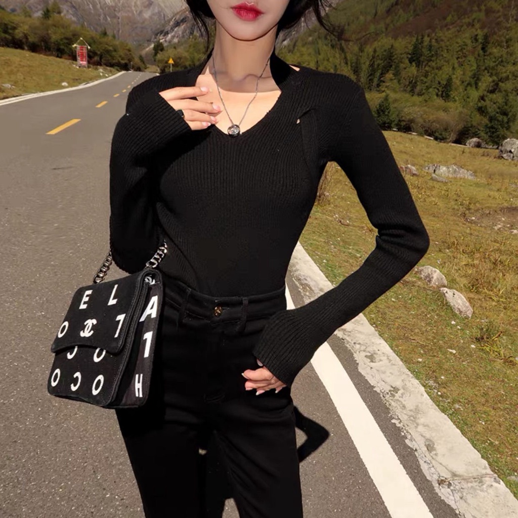 DUNEA Áo dệt kim cổ chữ V phong cách thời trang Hàn Quốc cho nữ