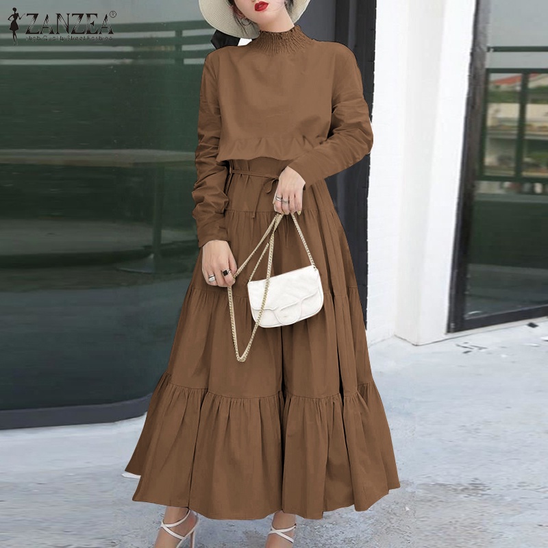 Đầm Tay Dài Cổ Cao Xếp Ly Thời Trang Cho Nữ ZANZEA