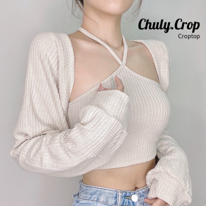 Set Áo Croptop Kèm Khoác Cardigan Tay Phồng YUMI BÁN SỈ