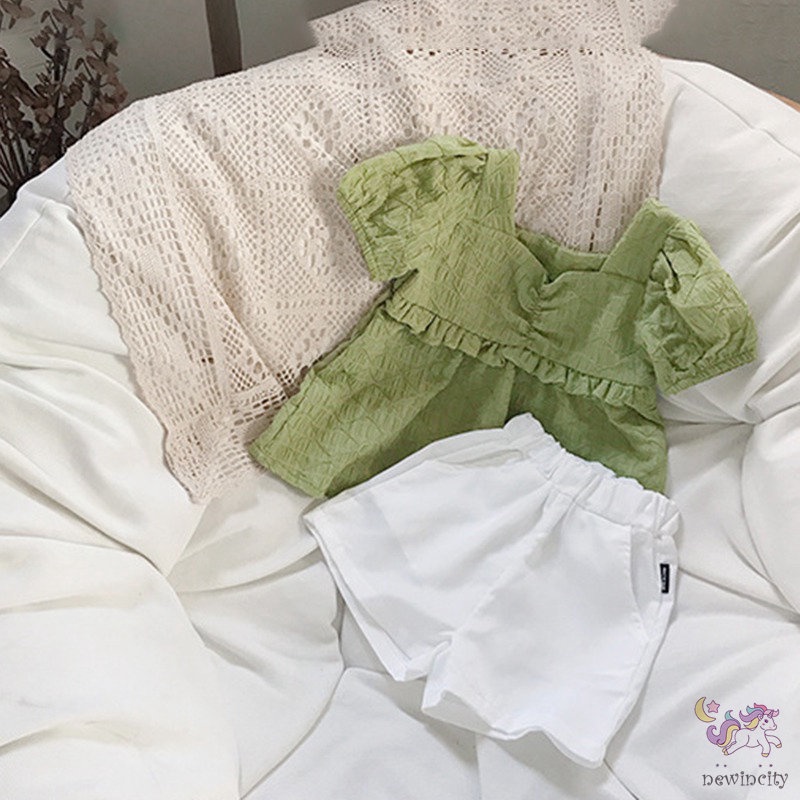 Set Đồ 2 Món Áo Tay Ngắn Cổ Vuông + Quần Short Phong Cách Hàn Quốc Cho Bé Gái