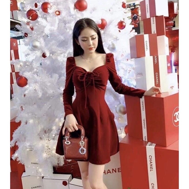 Đầm nhung dài tay dáng xoè diện cực xinh đón Noel⚡️Ảnh thật #noel # trắngda #đỏ #váyxinh