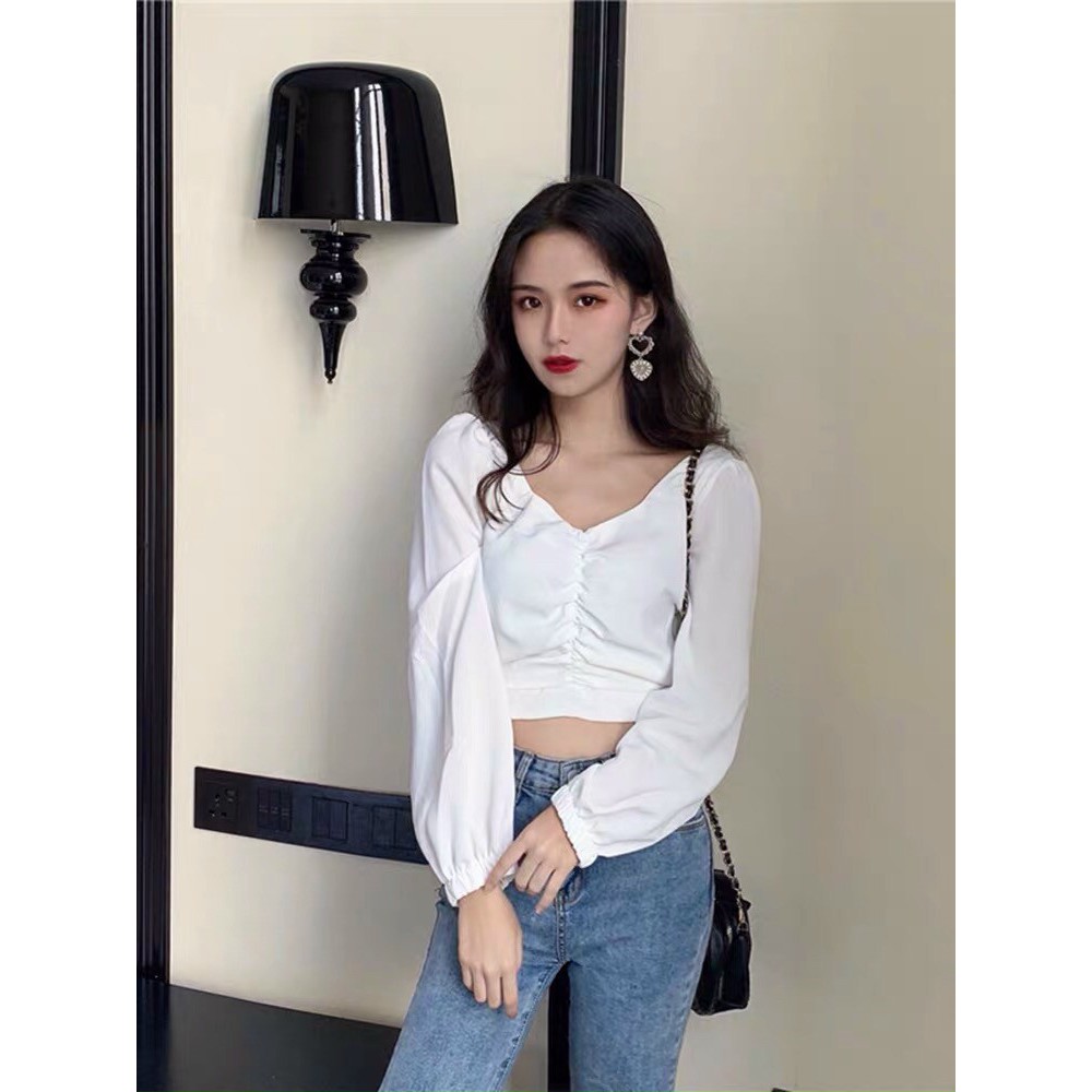 Áo kiểu nữ tay dài croptop nhúng ngực gb