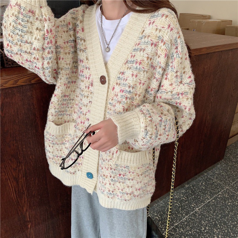 (A5002) áo khoác cardigan ulzzang len có túi freesize(len đan thuần hồng)