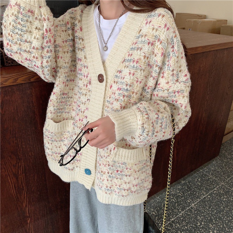 (A5002) áo khoác cardigan ulzzang len có túi freesize(len đan thuần hồng)