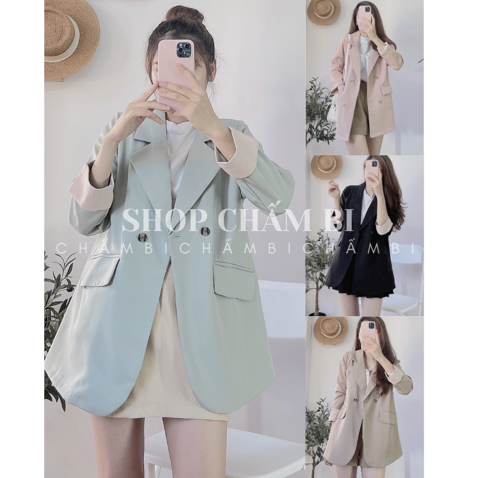 Áo blazer nữ dài tay A.244, Áo khoác nữ cổ vest 1 lớp tay gập gấu pha be vạt bo tròn style Hàn Quốc