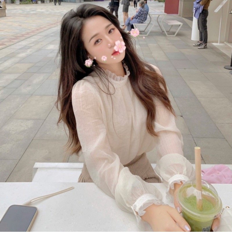 Linki ✧ Áo Sơ Mi Dài Tay Màu Trơn Phối Ren Xinh Xắn Cho Nữ