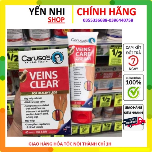 Kem thoa & viên uống giảm co giãn tĩnh mạch Carusos Natural Health Veins Care date mới 2023