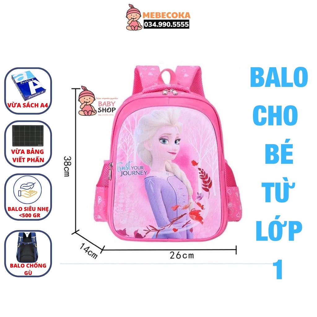 Balo cho bé ,Ba lô học sinh tiểu học BÉ GÁI lớp 1 đến lớp 3, họa tiết CÔNG CHÚA ELSA HỒNG size 38cm