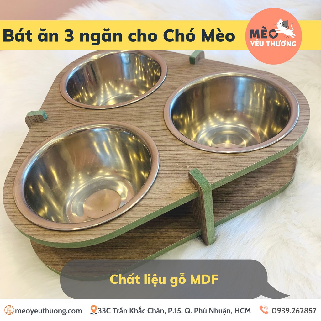 Bát ăn ba ngăn cho chó mèo gỗ MDF kèm 3 bát ăn inox, bát ăn chống gù lưng cho chó mèo