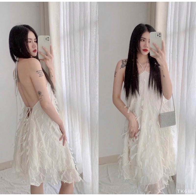 Đầm yếm tiểu thư hở lưng voan thêu đính lông vũ Ninh Dương Lan Ngọc