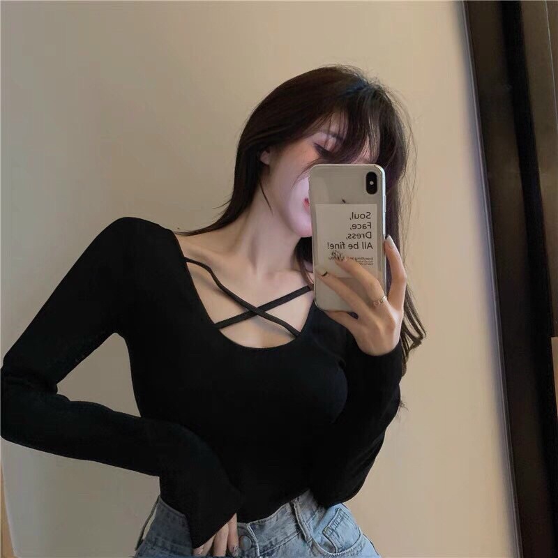Áo kiểu thun tay dài phối dây đan nhau dáng croptop xinh đẹp
