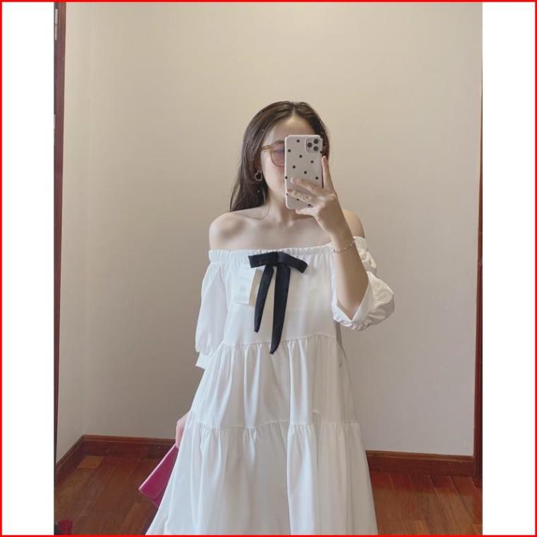Váy Babydoll Cổ Vuông Nơ Gài _FREESHIP_ Đầm Trắng Nữ Cộc Tay Nơ Đen SIÊU RẺ | BigBuy360 - bigbuy360.vn