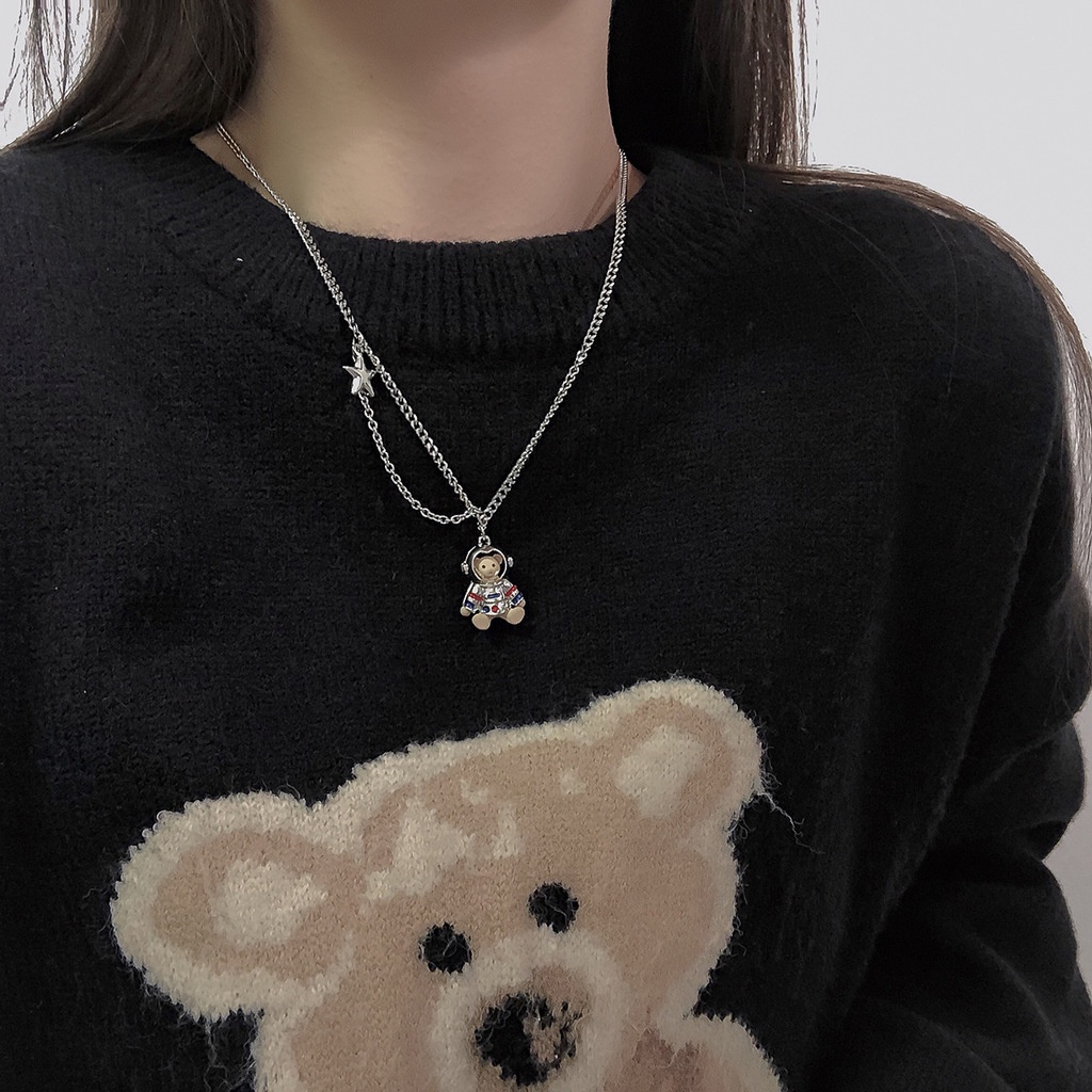 Vòng cổ Thép Titan Mặt Hình Gấu Phi Hành Gia Phong Cách Xuân Thu