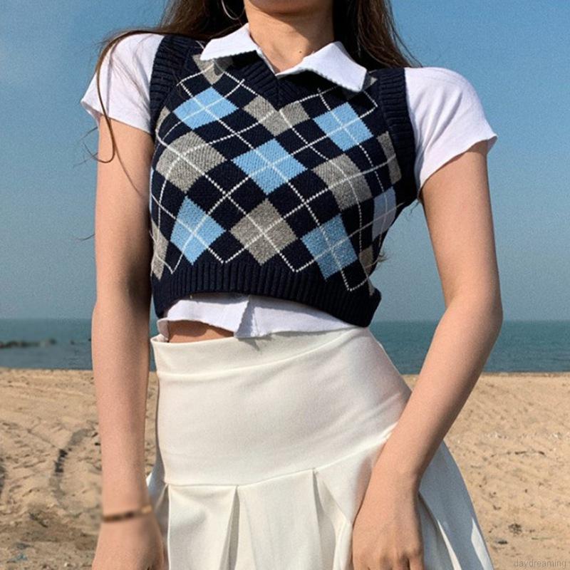 Áo Tank Top Dệt Kim Cổ Chữ V Kẻ Sọc Màu Tương Phản Cá Tính Cho Nữ | BigBuy360 - bigbuy360.vn