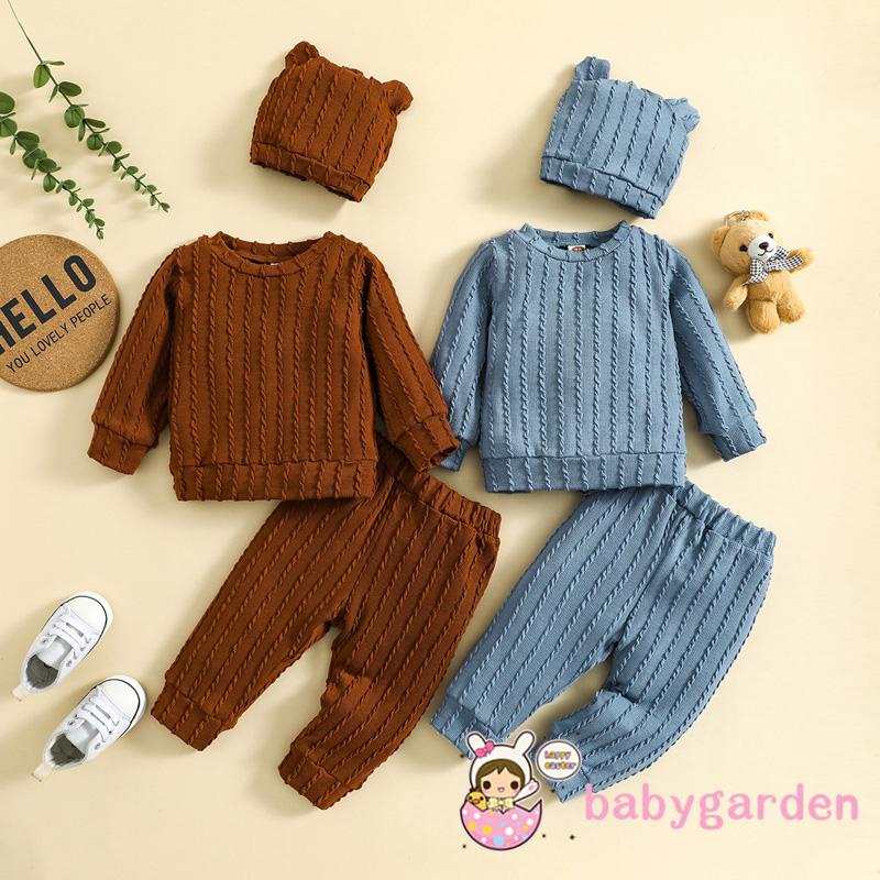 Set Áo Thun Tay Dài Cổ Tròn Màu Trơn Phối Quần Dài Lưng Thun Thời Trang Xinh Xắn Dành Cho Bé 3-24 Tháng Tuổi