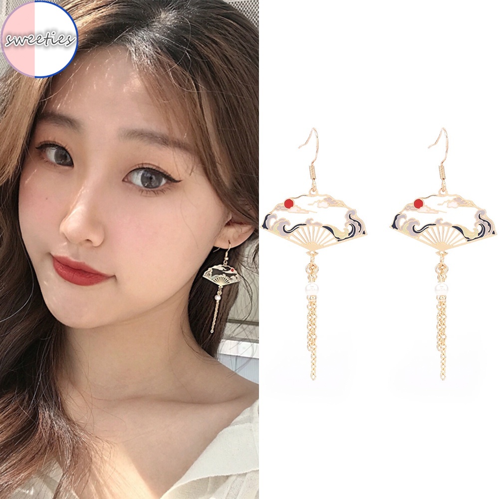 Bông tai dáng dài hình quạt phối tua rua phong cách cổ điển thời trang cho nữ