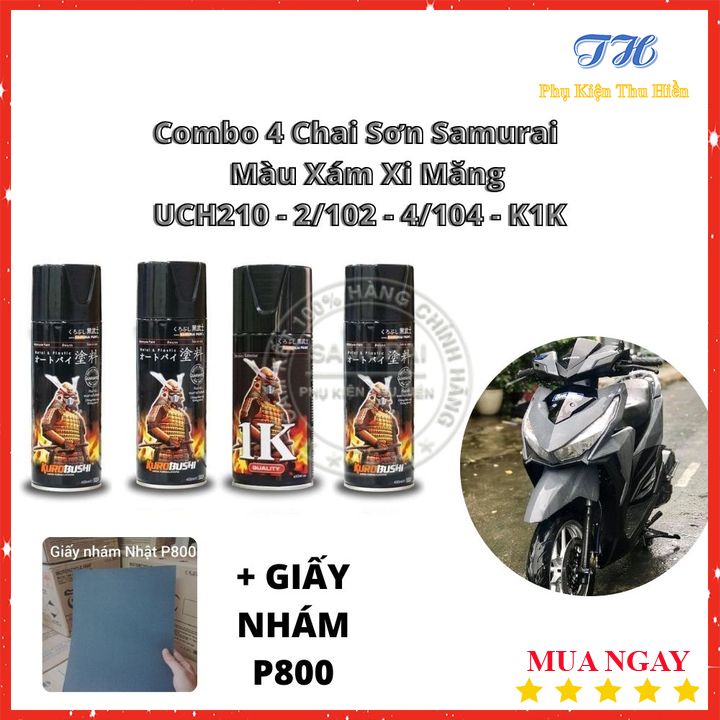 Combo Chai 4 Sơn Samurai Màu Xám Xi Măng Chính Hãng Gồm:  UCH210 - 2/102 - 4/104 - K1K - P800 ( Kèm Giấy Nhám )
