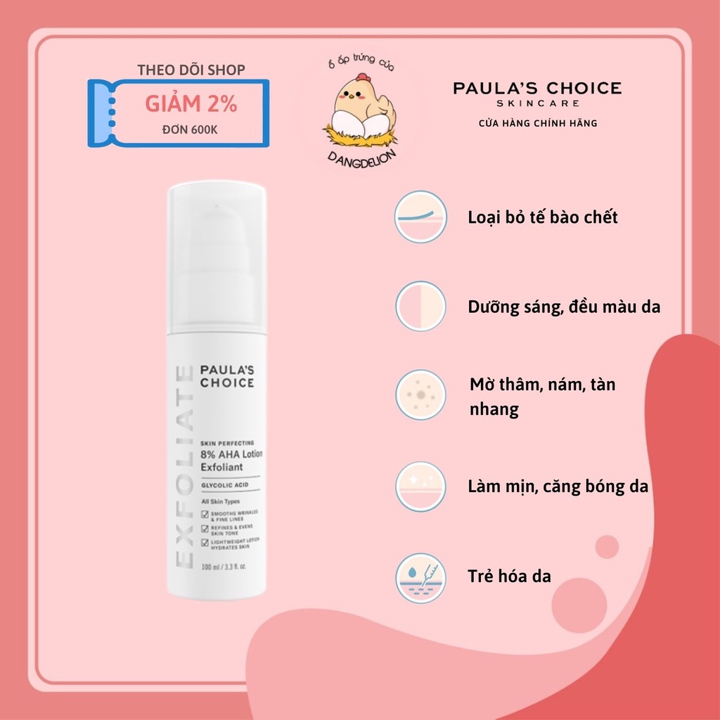 Lotion loại bỏ tế bào chết làm mềm và sáng da chứa 8% AHA Paula's Choice Skin Perfecting Lotion Exfoliant 100ml