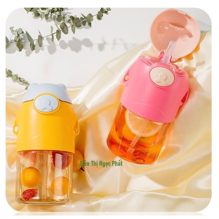 Bình Nước Gấu Ngộ Nghĩnh cho bé_Có Quai Đeo_650ML_Kèm Sticker dán