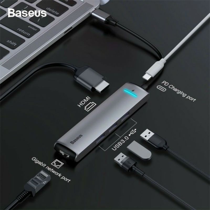 Hub chuyển Baseus Mechanical Eye 6 in 1 Smart Hub cho Smartphone/ Laptop/ Macbook (Type-C to 3x USB 3.0, HDMI 4K, LAN..)